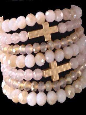 Handcrafted Rose Quartz Cross Charm Stretch Bracelet Stack